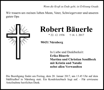 Traueranzeige von Robert Bäuerle von Gesamtausgabe Nürnberger Nachrichten/ Nürnberger Ztg.