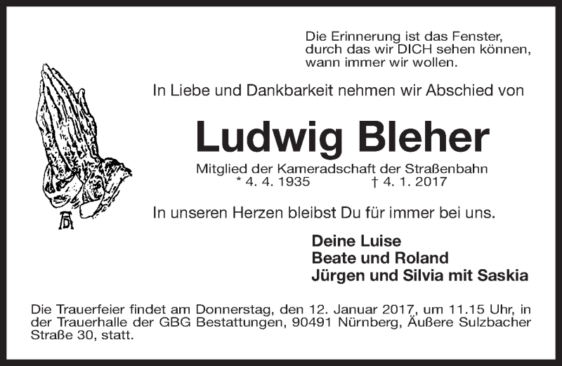  Traueranzeige für Ludwig Bleher vom 09.01.2017 aus Gesamtausgabe Nürnberger Nachrichten/ Nürnberger Ztg.
