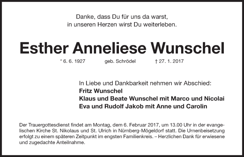  Traueranzeige für Esther Anneliese Wunschel  vom 01.02.2017 aus Gesamtausgabe Nürnberger Nachrichten/ Nürnberger Ztg.