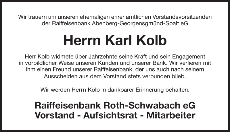  Traueranzeige für Karl Kolb vom 10.01.2017 aus Roth-Hilpoltsteiner Volkszeitung Lokal