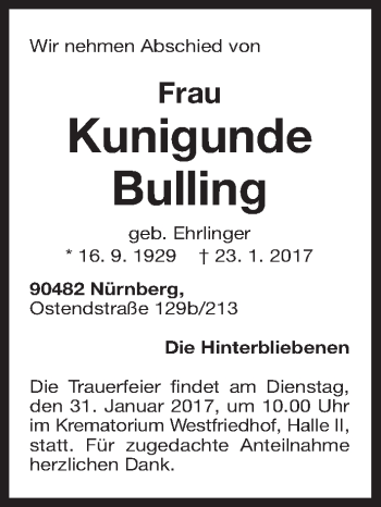 Traueranzeige von Kunigunde Bulling von Gesamtausgabe Nürnberger Nachrichten/ Nürnberger Ztg.
