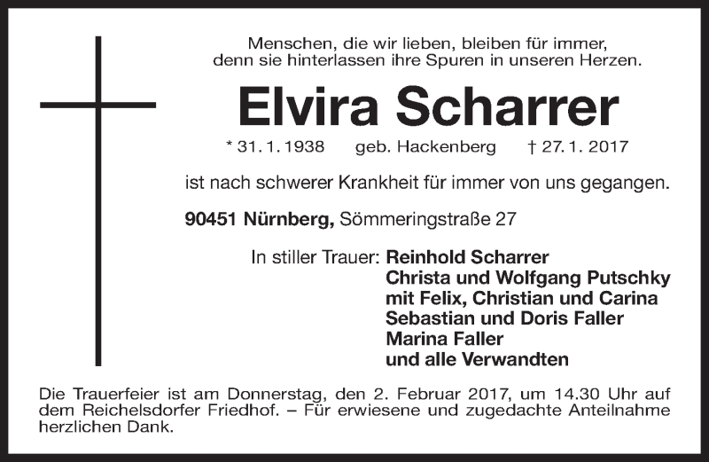  Traueranzeige für Elvira Scharrer vom 31.01.2017 aus Gesamtausgabe Nürnberger Nachrichten/ Nürnberger Ztg.