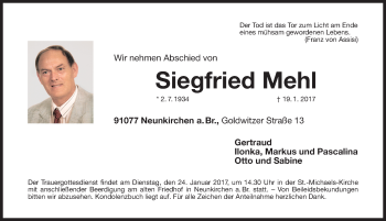 Traueranzeige von Siegfried Mehl von Nordbayerische Nachrichten Forchheim Lokal