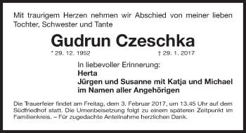 Traueranzeige von Gudrun Czeschka von Gesamtausgabe Nürnberger Nachrichten/ Nürnberger Ztg.