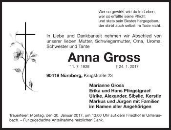 Traueranzeige von Anna Gross von Gesamtausgabe Nürnberger Nachrichten/ Nürnberger Ztg.