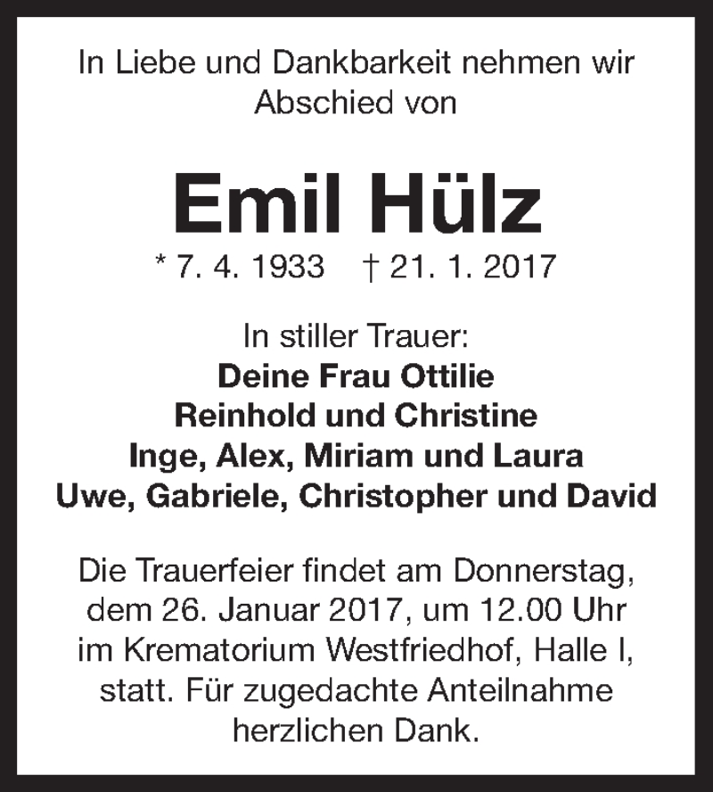  Traueranzeige für Emil Hülz vom 24.01.2017 aus Gesamtausgabe Nürnberger Nachrichten/ Nürnberger Ztg.