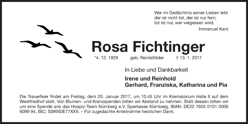  Traueranzeige für Rosa Fichtinger vom 16.01.2017 aus Gesamtausgabe Nürnberger Nachrichten/ Nürnberger Ztg.