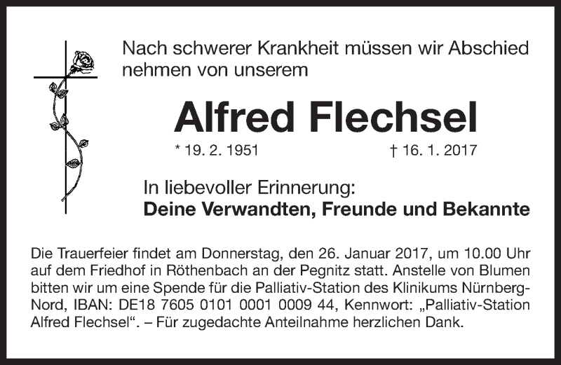  Traueranzeige für Alfred Flechsel vom 24.01.2017 aus Gesamtausgabe Nürnberger Nachrichten/ Nürnberger Ztg.