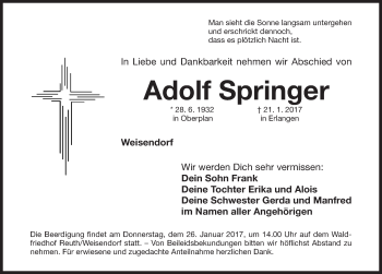 Traueranzeige von Adolf Springer von Nordbayerische Nachrichten Herzogenaurach Lokal