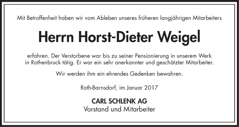  Traueranzeige für Horst-Dieter Weigel vom 14.01.2017 aus Nordbayerische Nachrichten Pegnitz Lokal