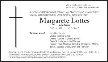 Traueranzeige von Margarete Lottes von Nordbayerische Nachrichten Herzogenaurach Lokal