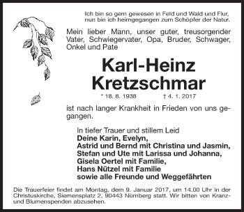 Traueranzeige von Karl-Heinz Kretzschmar von Gesamtausgabe Nürnberger Nachrichten/ Nürnberger Ztg.