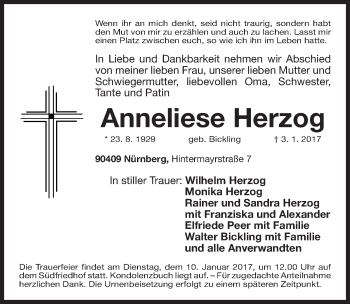 Traueranzeige von Anneliese Herzog von Gesamtausgabe Nürnberger Nachrichten/ Nürnberger Ztg.
