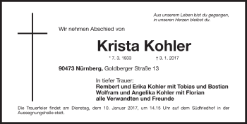 Traueranzeige von Krista Kohler von Gesamtausgabe Nürnberger Nachrichten/ Nürnberger Ztg.