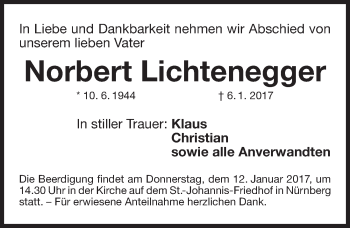 Traueranzeige von Norbert Lichtenegger von Gesamtausgabe Nürnberger Nachrichten/ Nürnberger Ztg.