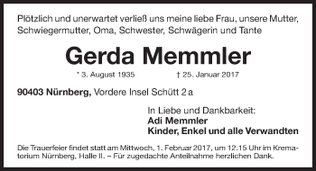 Traueranzeige von Gerda Memmler von Gesamtausgabe Nürnberger Nachrichten/ Nürnberger Ztg.