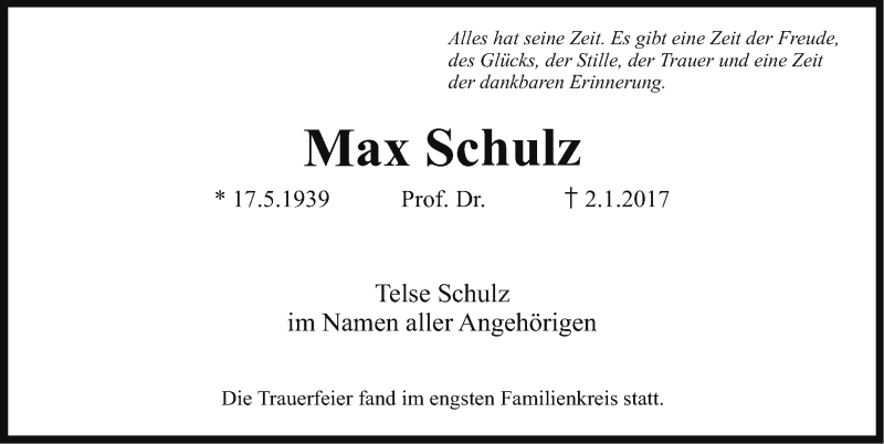  Traueranzeige für Max Schulz vom 10.01.2017 aus Erlanger Nachrichten Lokal