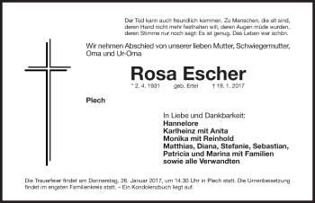 Traueranzeige von Rosa Escher von Nordbayerische Nachrichten Pegnitz Lokal