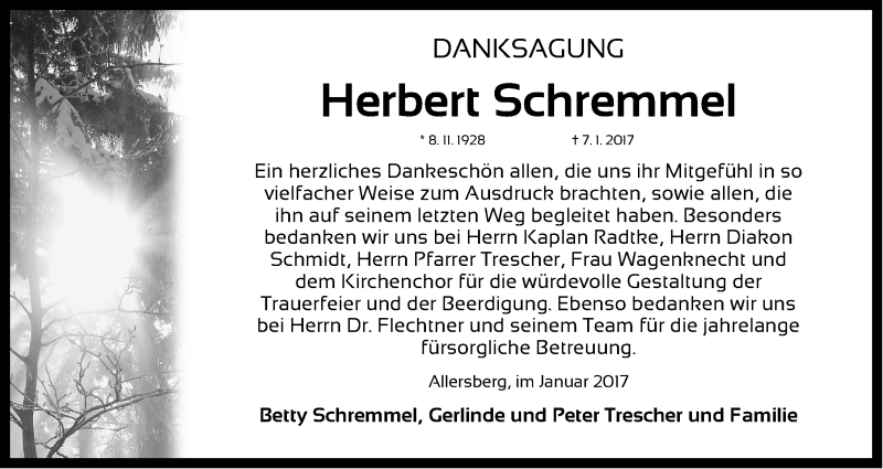  Traueranzeige für Herbert Schremmel vom 28.01.2017 aus Roth-Hilpoltsteiner Volkszeitung Lokal