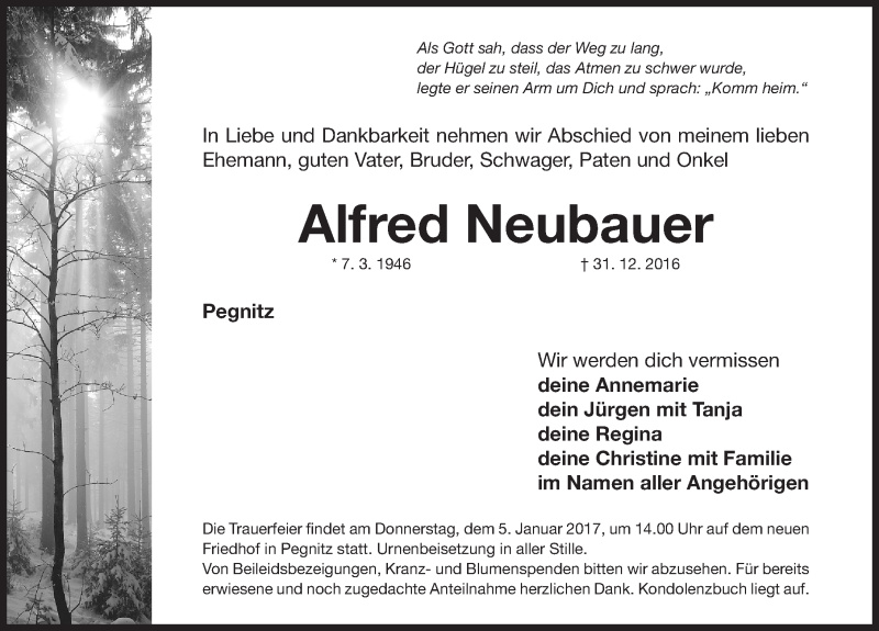  Traueranzeige für Alfred Neubauer vom 03.01.2017 aus Nordbayerische Nachrichten Pegnitz Lokal
