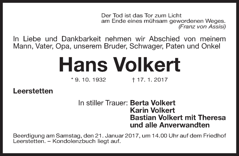 Traueranzeige für Hans Volkert vom 19.01.2017 aus Gesamtausgabe Nürnberger Nachrichten/ Nürnberger Ztg.