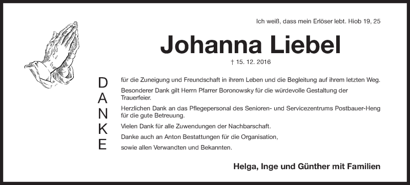  Traueranzeige für Johanna Liebel vom 06.01.2017 aus Gesamtausgabe Nürnberger Nachrichten/ Nürnberger Ztg.