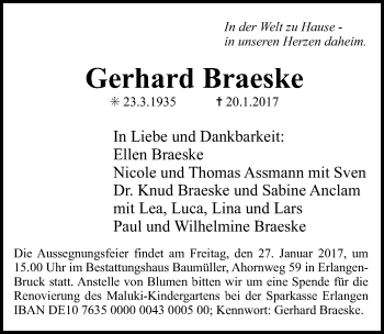Traueranzeige von Gerhard Braeske von Erlanger Nachrichten Lokal