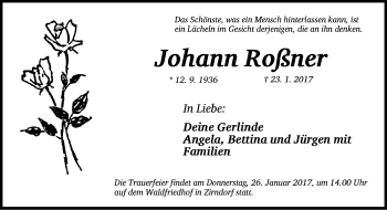 Traueranzeige von Johann Roßner von Gesamtausgabe Nürnberger Nachrichten/ Nürnberger Ztg.