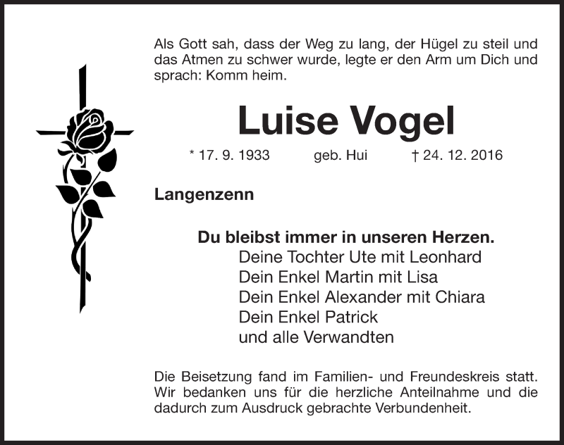  Traueranzeige für Luise Vogel vom 04.01.2017 aus Fürther Nachrichten Lokal