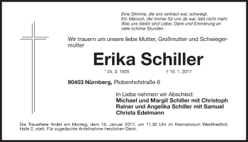 Traueranzeige von Erika Schiller von Gesamtausgabe Nürnberger Nachrichten/ Nürnberger Ztg.