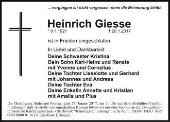 Traueranzeige von Heinrich Giesse von Erlanger Nachrichten/ Nordbayer. Nachrichten Herzogenaurach