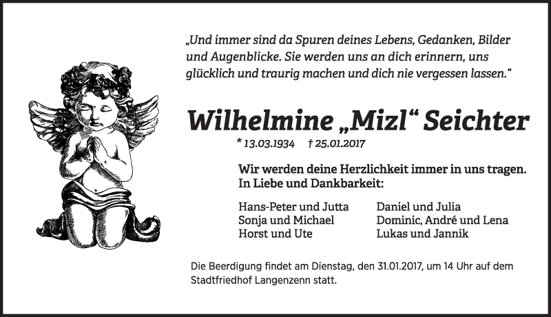 Traueranzeige für Wilhelmine Seichter vom 28.01.2017 aus Fürther Nachrichten Lokal