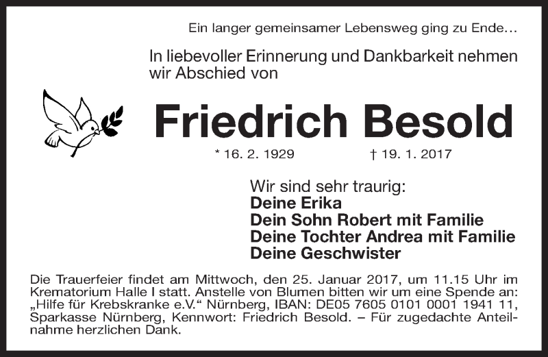  Traueranzeige für Friedrich Besold vom 21.01.2017 aus Gesamtausgabe Nürnberger Nachrichten/ Nürnberger Ztg.