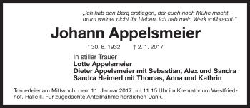 Traueranzeige von Johann Appelsmeier von Gesamtausgabe Nürnberger Nachrichten/ Nürnberger Ztg.