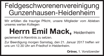 Traueranzeige von Emil Mack von Altmühl-Bote Lokal