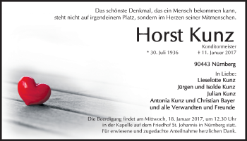 Traueranzeige von Horst Kunz von Gesamtausgabe Nürnberger Nachrichten/ Nürnberger Ztg.