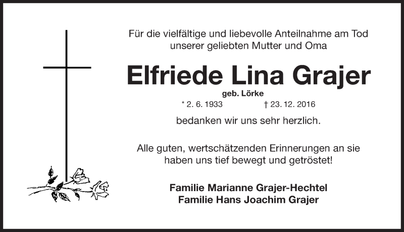  Traueranzeige für Elfriede Grajer vom 21.01.2017 aus Fürther Nachrichten Lokal