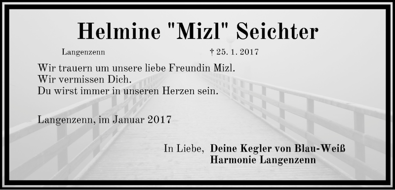  Traueranzeige für Helmine Seichter vom 31.01.2017 aus Fürther Nachrichten Lokal