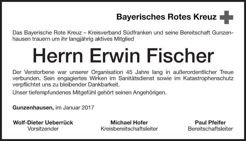  Traueranzeige für Erwin Fischer vom 27.01.2017 aus Altmühl-Bote Lokal