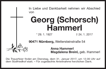 Traueranzeige von Georg Hammerl von Gesamtausgabe Nürnberger Nachrichten/ Nürnberger Ztg.