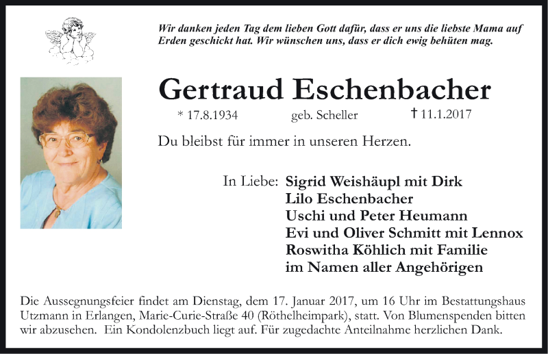  Traueranzeige für Gertraud Eschenbacher vom 13.01.2017 aus Nordbayerische Nachrichten Forchheim Lokal