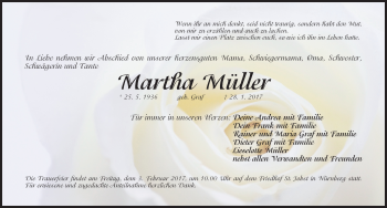 Traueranzeige von Martha Müller von Gesamtausgabe Nürnberger Nachrichten/ Nürnberger Ztg.