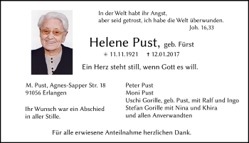 Traueranzeige von Helene Pust von Erlanger Nachrichten Lokal
