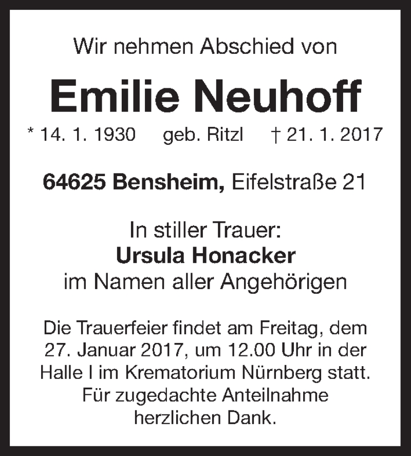  Traueranzeige für Emilie Neuhoff vom 25.01.2017 aus Gesamtausgabe Nürnberger Nachrichten/ Nürnberger Ztg.