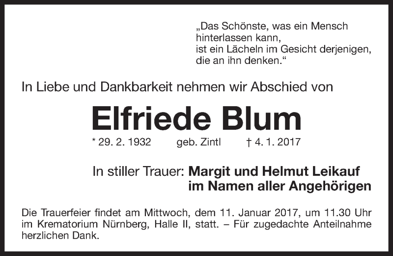  Traueranzeige für Elfriede Blum vom 09.01.2017 aus Gesamtausgabe Nürnberger Nachrichten/ Nürnberger Ztg.