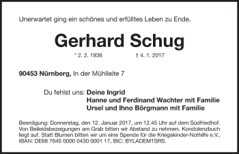 Traueranzeige von Gerhard Schug von Gesamtausgabe Nürnberger Nachrichten/ Nürnberger Ztg.