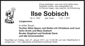 Traueranzeige von Ilse Sobisch von Fürther Nachrichten Lokal