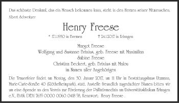 Traueranzeige von Henry Freese von Erlanger Nachrichten Lokal