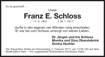 Traueranzeige von Franz E. Schloss von Gesamtausgabe Nürnberger Nachrichten/ Nürnberger Ztg.