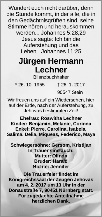 Traueranzeige von Jürgen Hermann Lechner von Gesamtausgabe Nürnberger Nachrichten/ Nürnberger Ztg.
